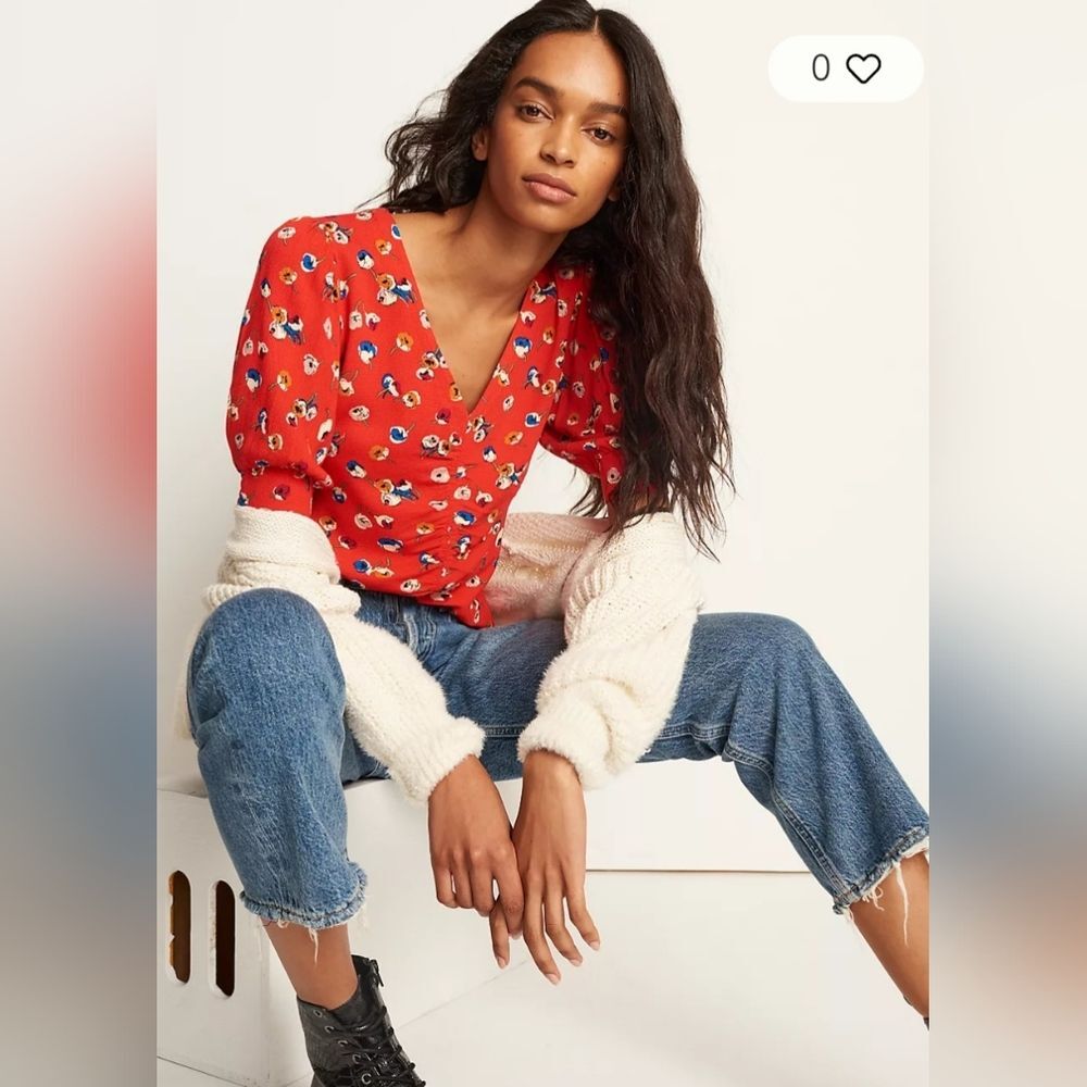 Anthropologie Red Floral Wrap Blouse